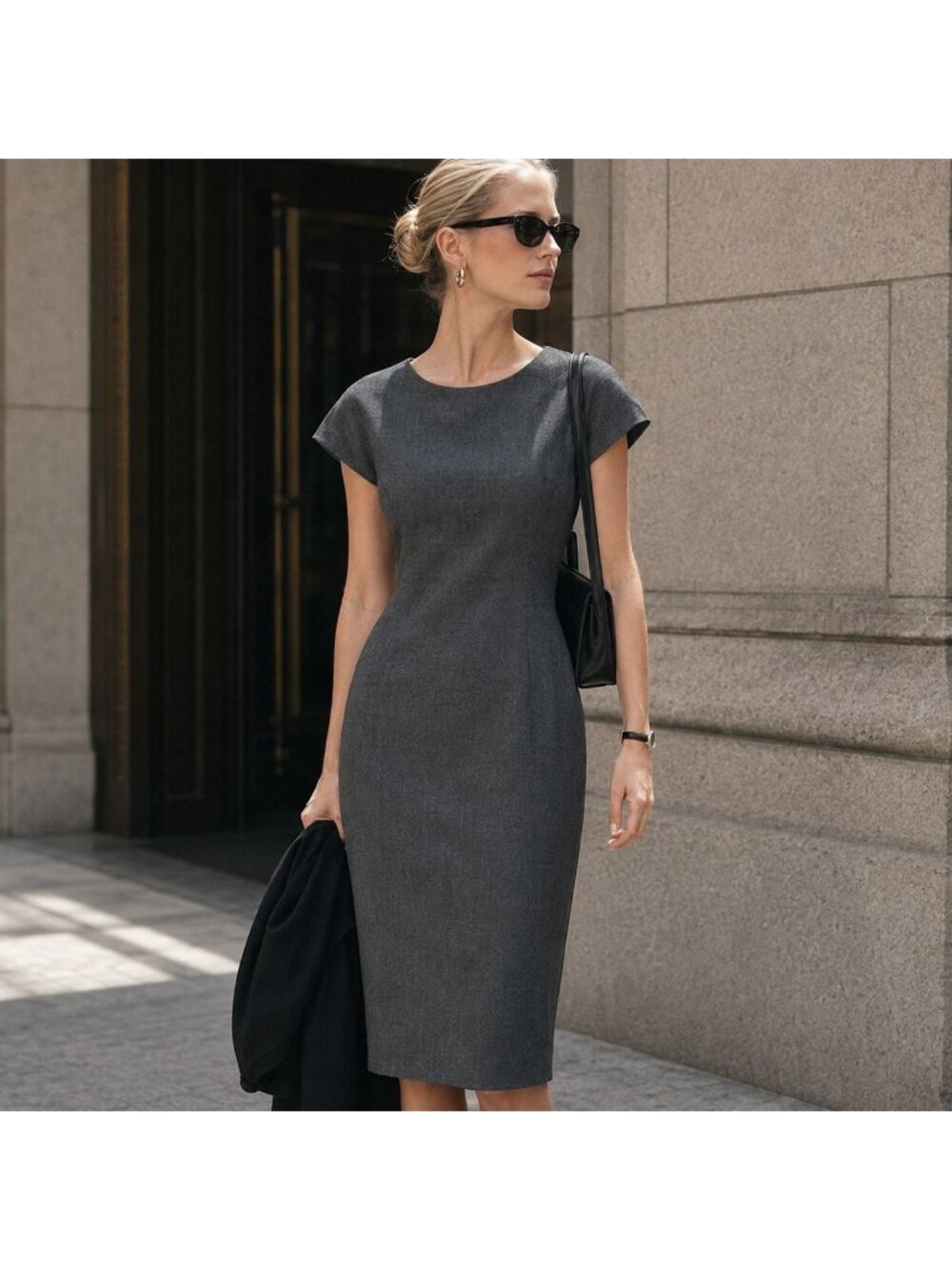Vintage 90s Charcoal Gray Tailored Midi Sheath Dress Quiet Luxury Minimalist 8
